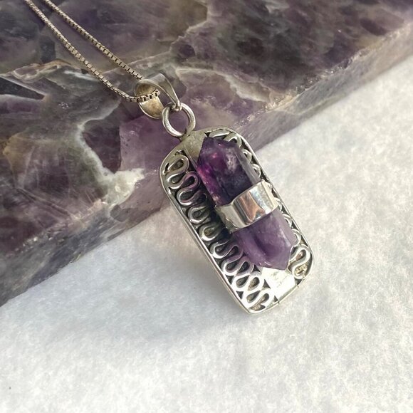 Sterling Silver 925 Double Point Amethyst Snake Scrollwork Pendant Necklace 18" - Picture 4 of 16